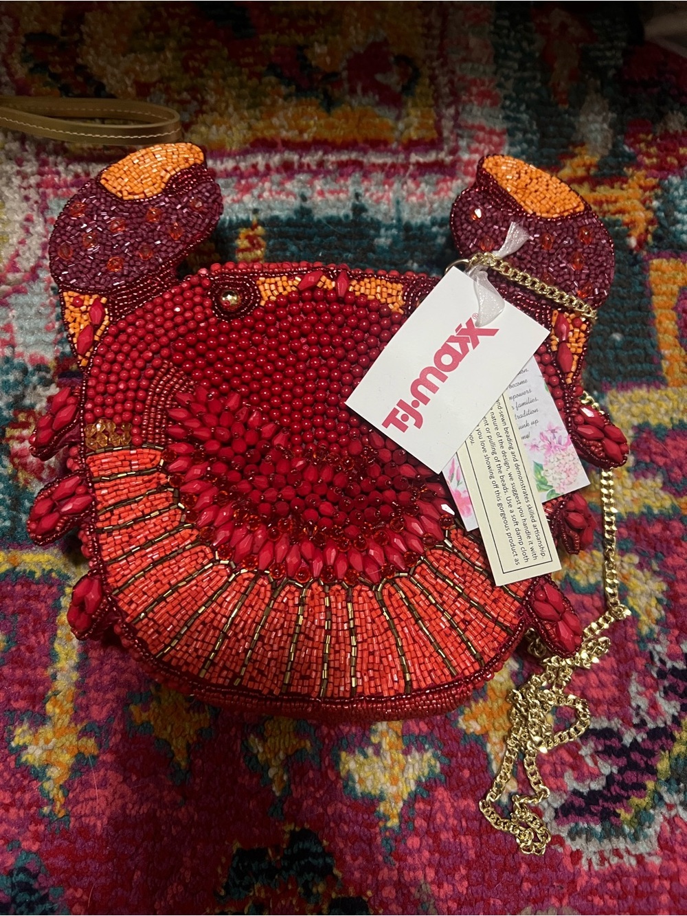 Beaded Crab Crossbody Bag - Red with Orange Accents